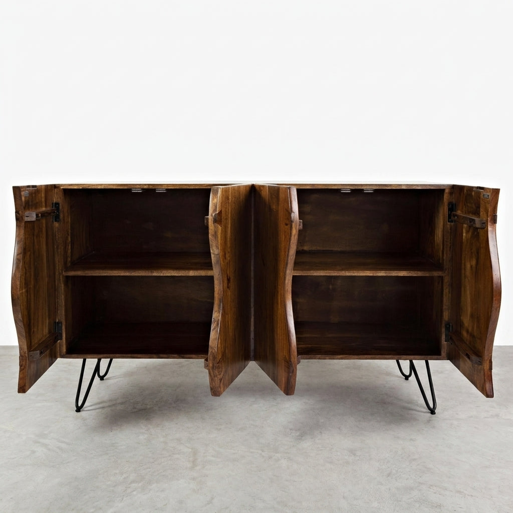Wooden cabinet with open doors and wave design, metal legs, two shelves.