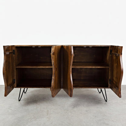 Wooden cabinet with open doors and wave design, metal legs, two shelves.