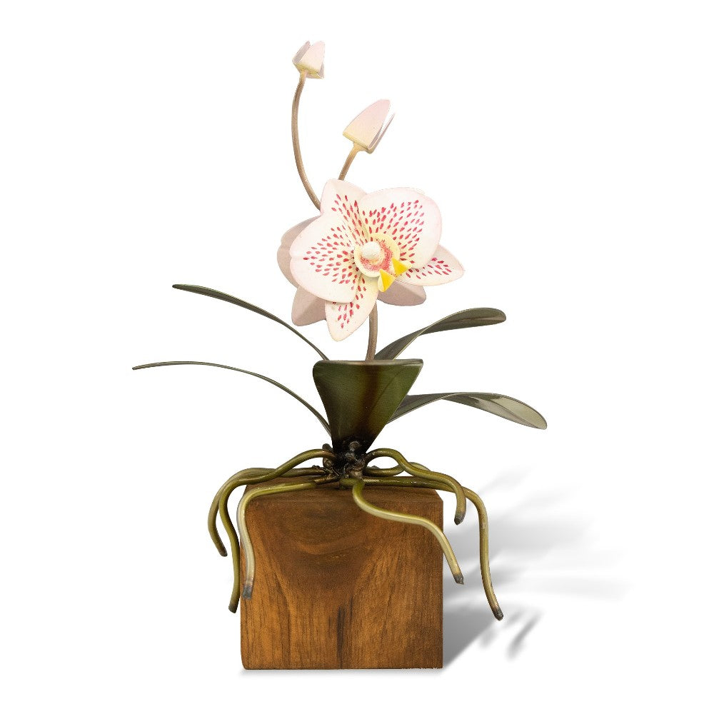 Elegant metal orchid sculpture in a wooden base.