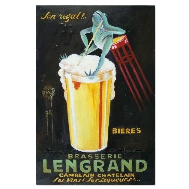 Frog on a beer glass with text "Brasserie Lengrand, Cambrai Chatelain."