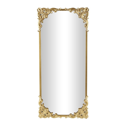 Ornate rectangular mirror with a golden frame.