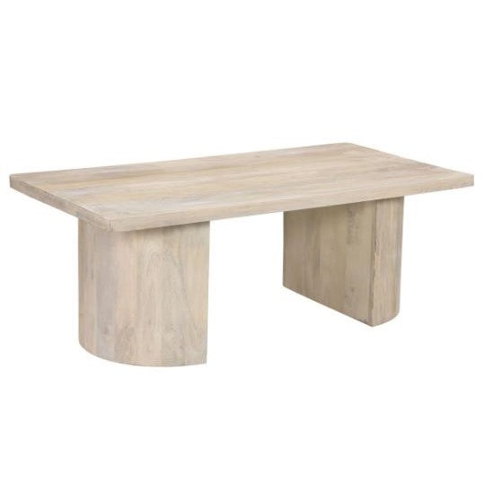 Minimalist wooden table with a light finish.