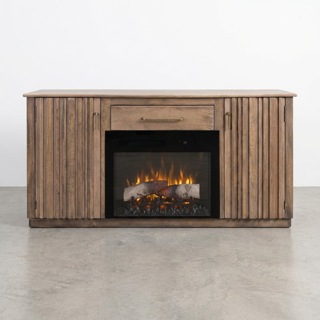 Wooden cabinet with electric fireplace and side storage compartments.