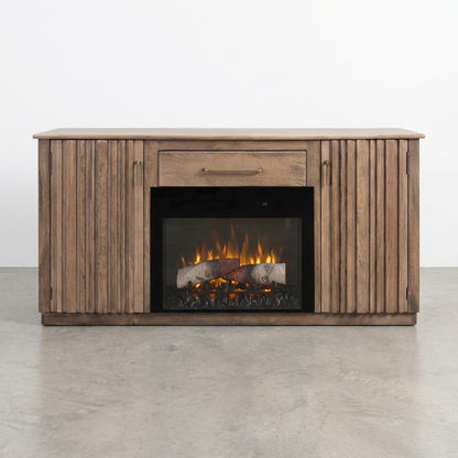 Wooden cabinet with electric fireplace and side storage compartments.