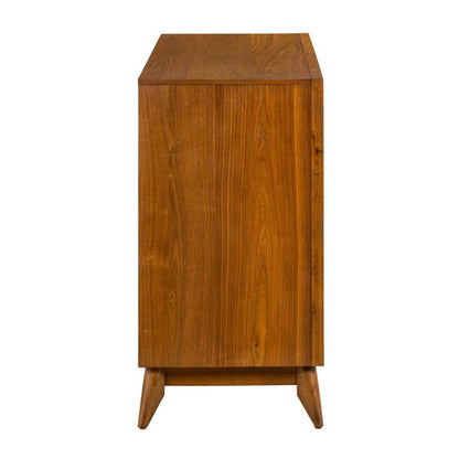 Side view of a wooden, mid-century modern cabinet with tapered legs.