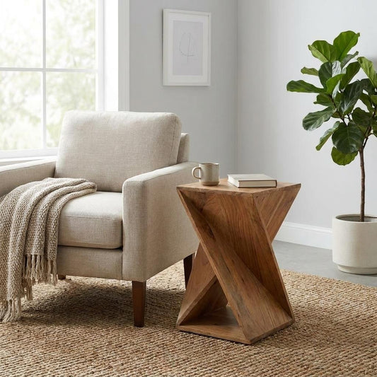 Geometric wooden stool with an intersecting X-shape design.