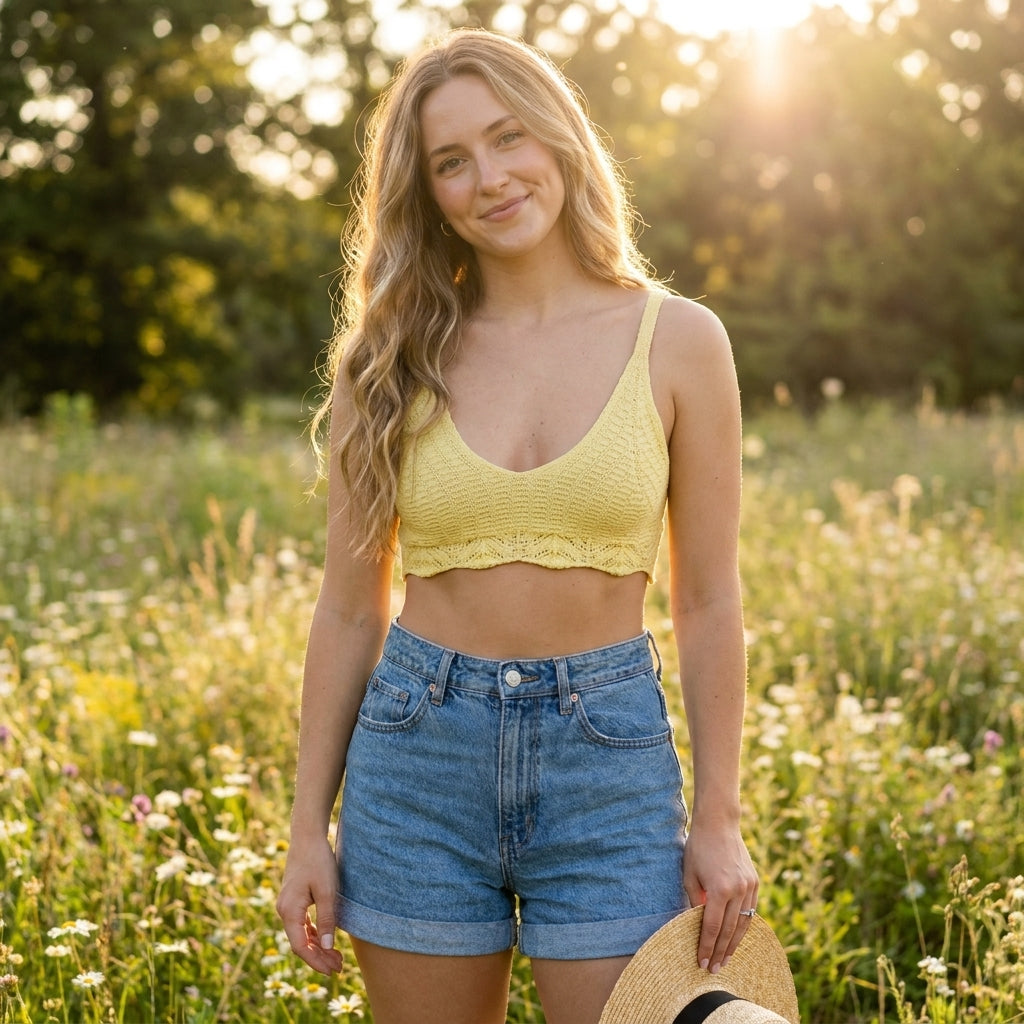 Woman in yellow top and denim shorts in a sunny field with flowers.