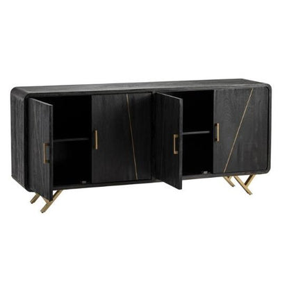Black sideboard with gold legs and open doors.