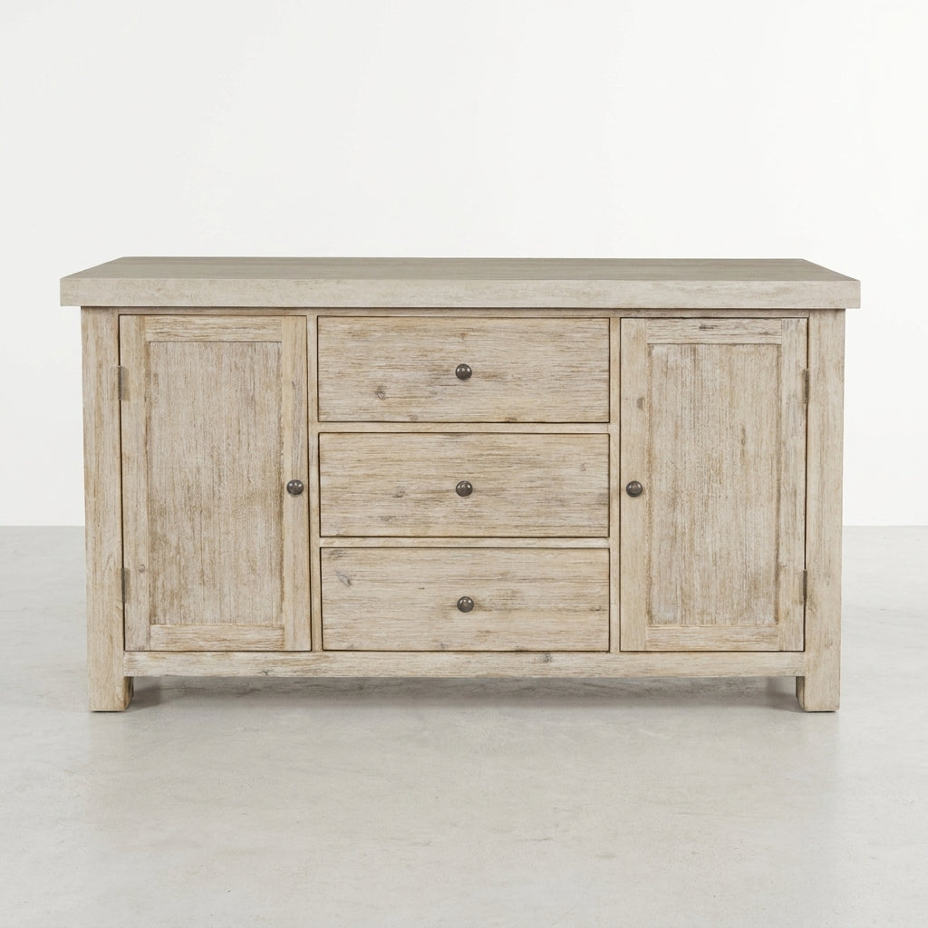 Wooden sideboard with three central drawers and side cabinets.