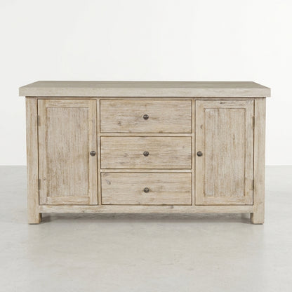 Wooden sideboard with three central drawers and side cabinets.