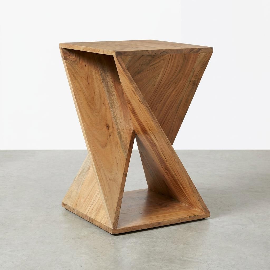 Geometric wooden stool with an X-shaped design.