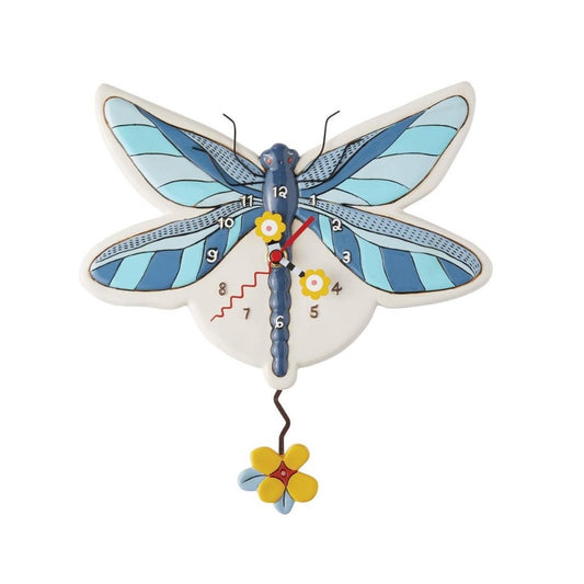 Blue dragonfly clock with a colorful flower pendulum.