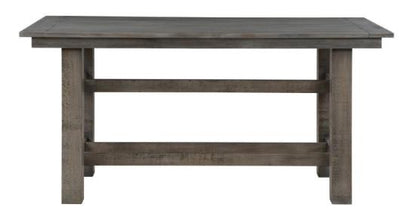 Rustic wooden table with a sturdy, simple design.