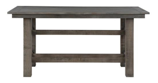 Rustic wooden table with a sturdy, simple design.