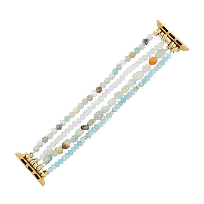Multicolor beaded watch band with gold connectors, featuring pastel stones.