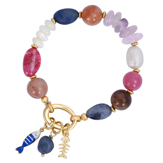 Colorful beaded bracelet with fish-themed charms.
