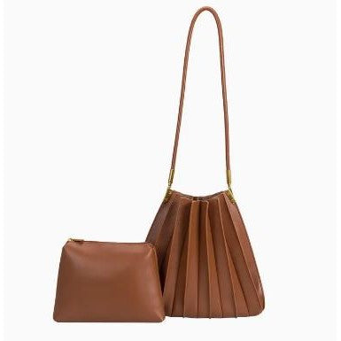 Brown handbag with pleats and a matching pouch on a white background.