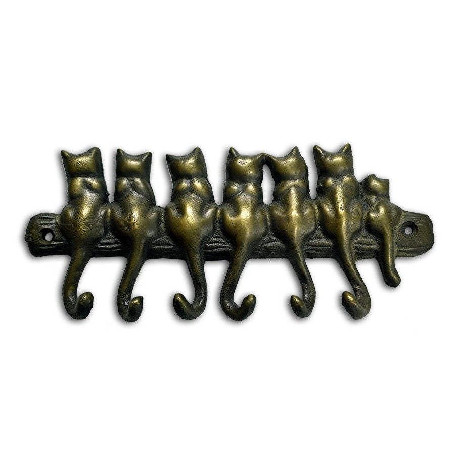 Bronze cat-shaped wall hook with six cats sitting in a row.