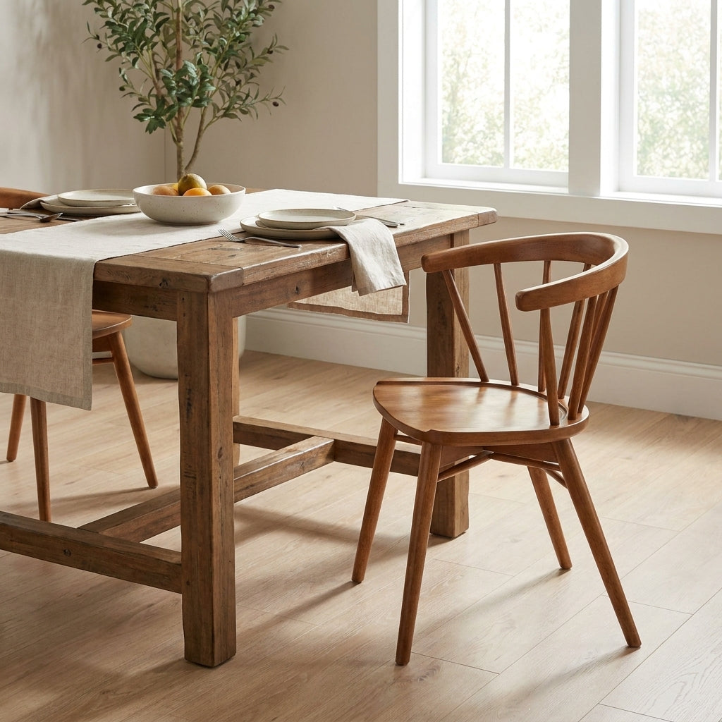 Wooden chair with a rounded backrest and spindle design.