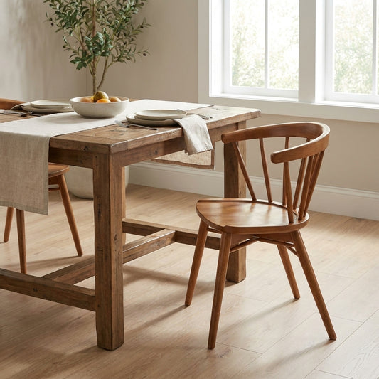 Wooden chair with a rounded backrest and spindle design.