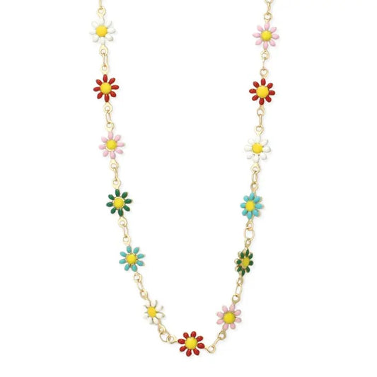Gold chain with colorful enamel flower charms.