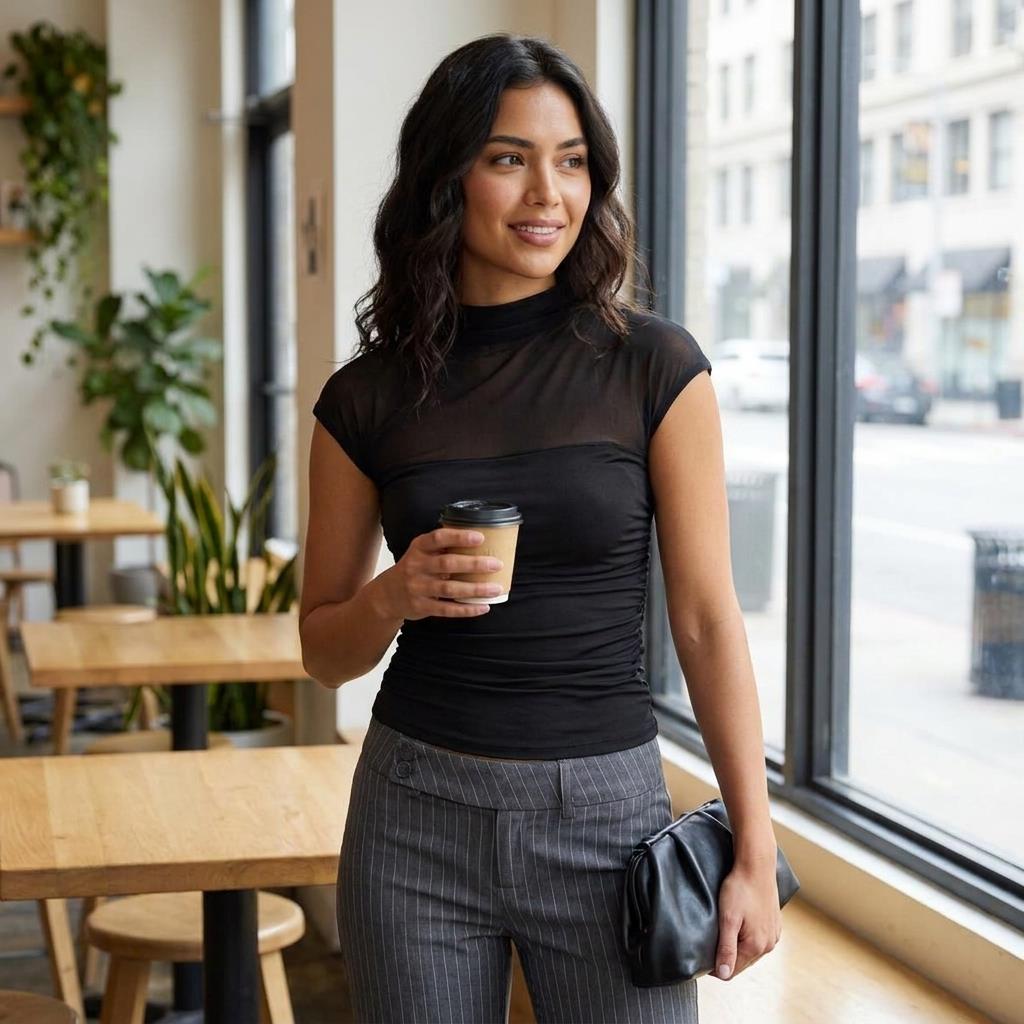 Woman in cafe holding coffee, standing by a window.