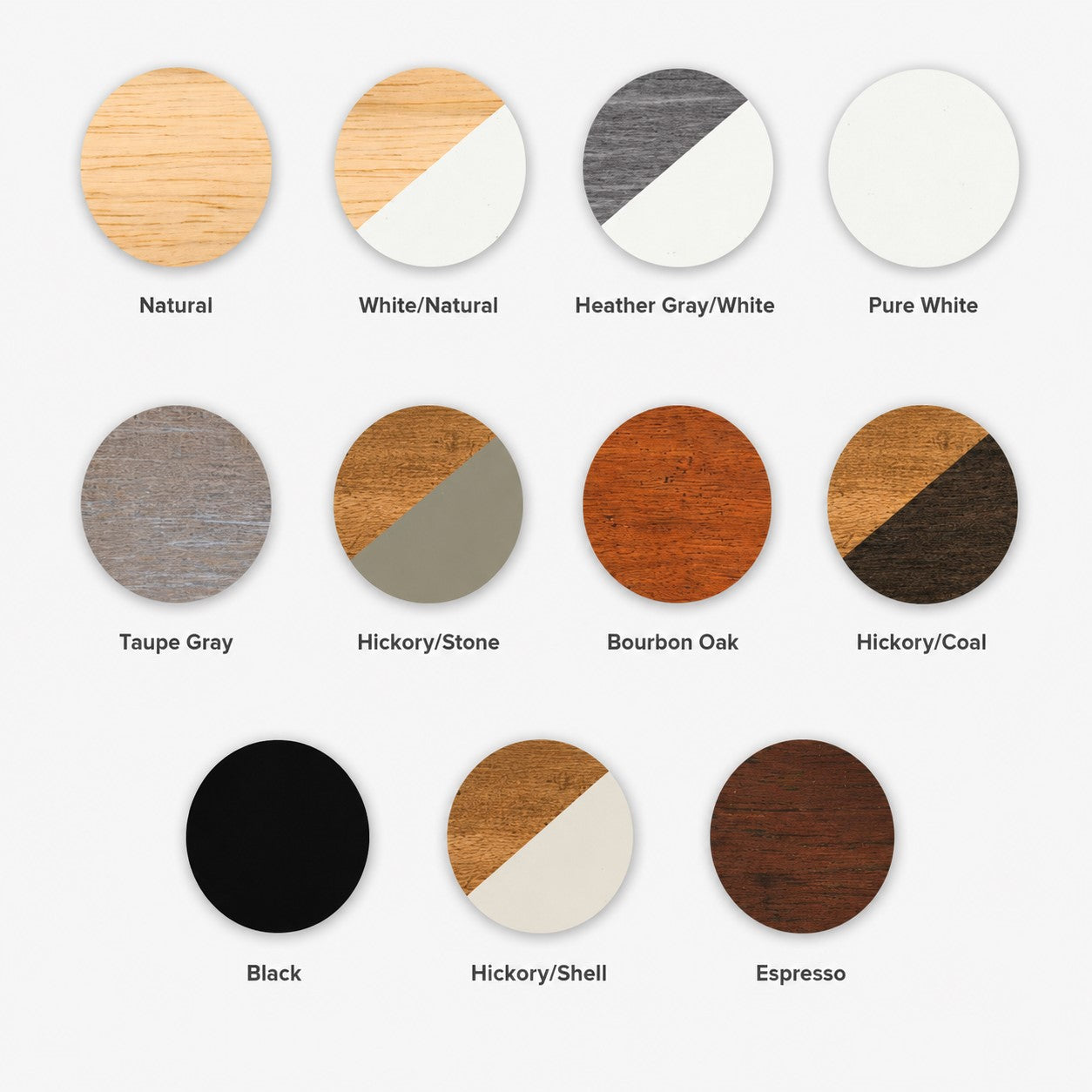 Color swatches featuring various wood and paint finishes.