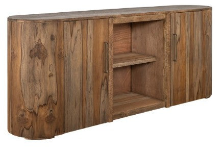 Wooden sideboard with open shelves and closed cabinets.
