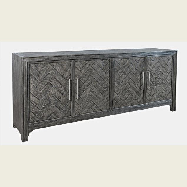 Wooden sideboard with chevron-patterned doors and metallic handles.