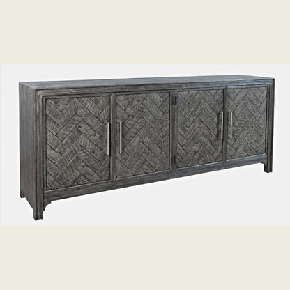 Wooden sideboard with chevron-patterned doors and metallic handles.