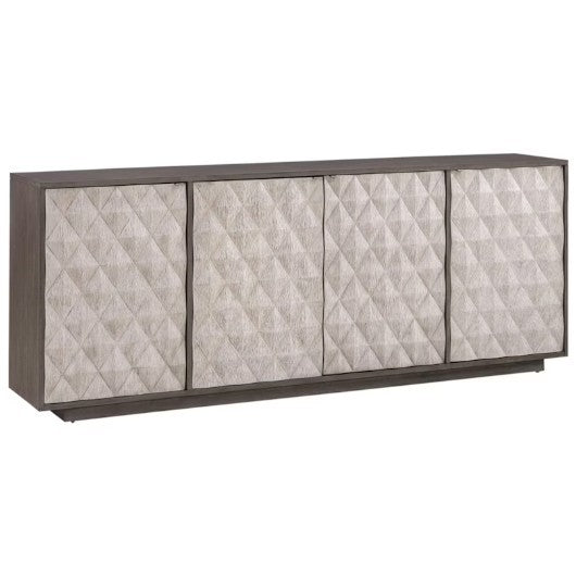 A modern dark wood sideboard with four textured geometric cabinet doors.