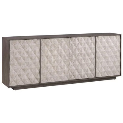 A modern dark wood sideboard with four textured geometric cabinet doors.