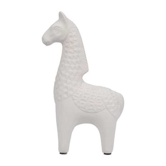 White ceramic horse sculpture with geometric patterns.