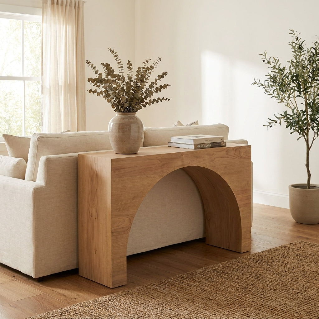Wooden console table with an arch cutout design.
