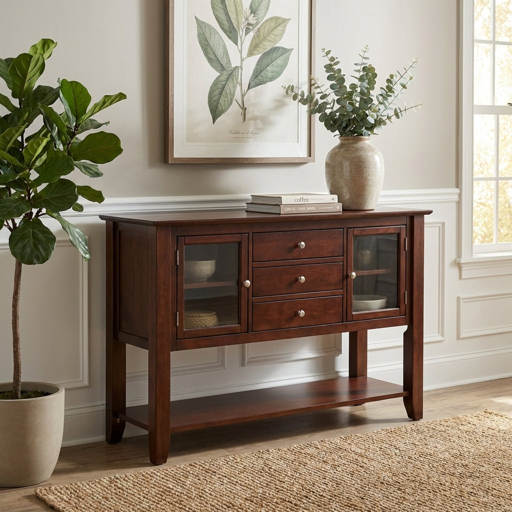 Wooden sideboard with glass doors, drawers, and a lower shelf.