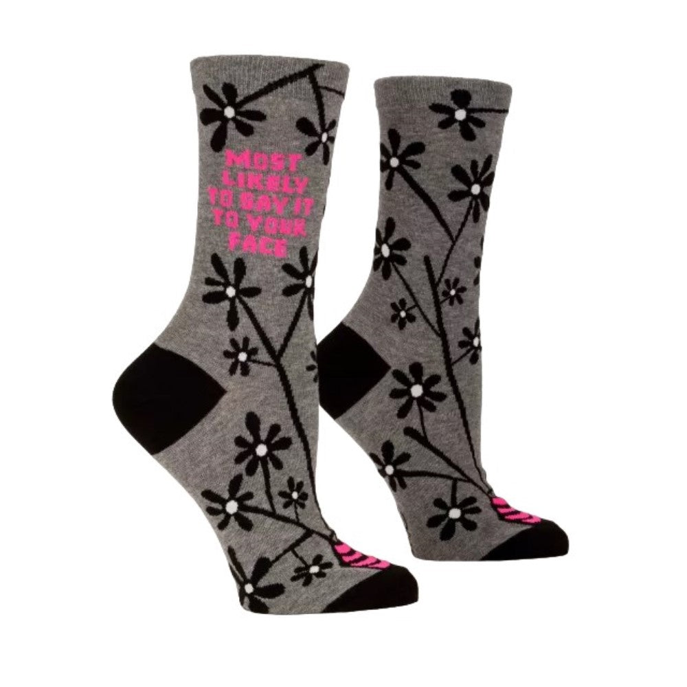 Gray socks with black floral design and bold pink text.
