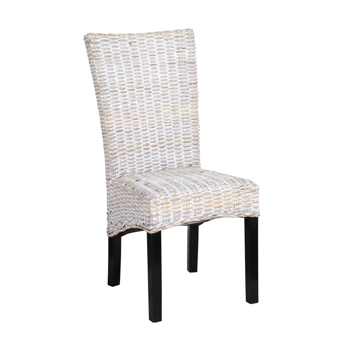 White woven wicker chair with black legs.