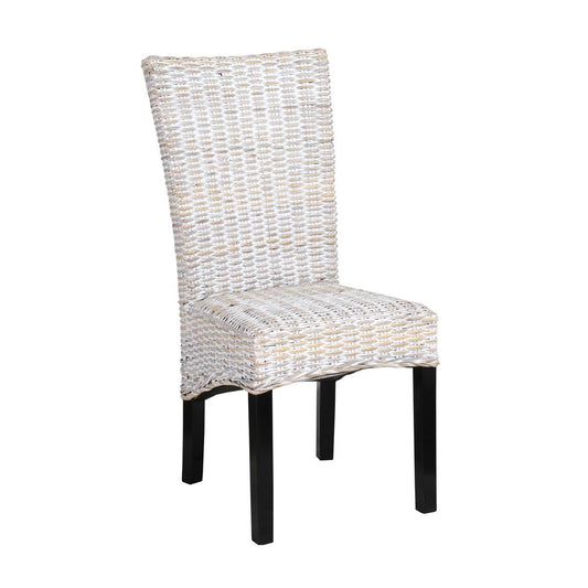 White woven wicker chair with black legs.