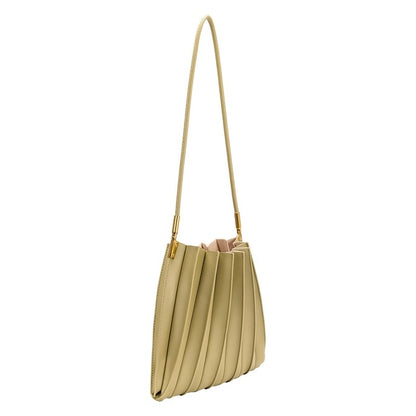 Elegant pleated beige handbag with a long strap.