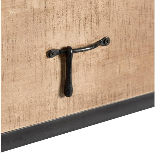 Wooden surface with a black metal pull handle and screws.