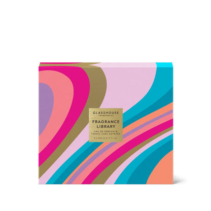 Colorful fragrance box with wavy patterns and bold text on the front.