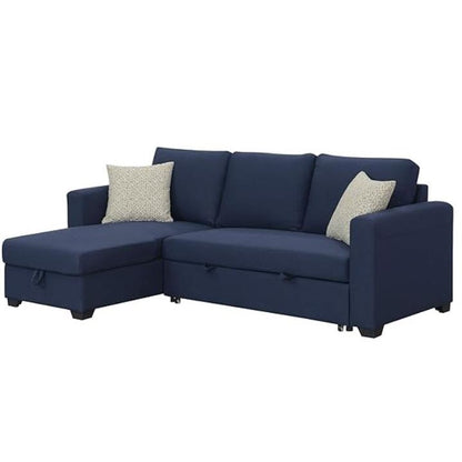 Navy blue sectional sofa with two beige pillows.
