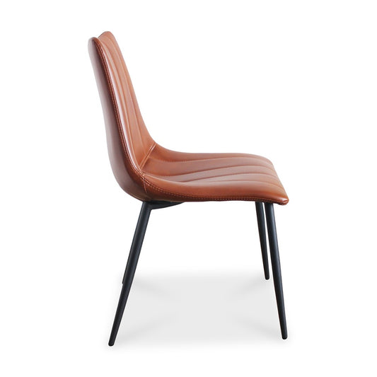 Brown leather chair with black metal legs, side view.