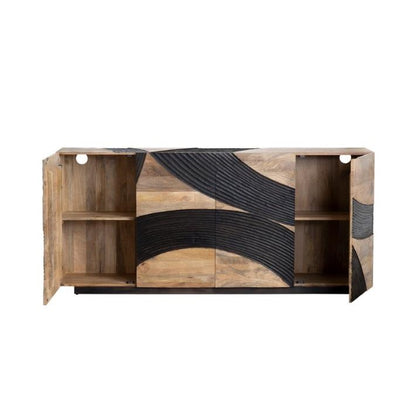 Wooden cabinet with abstract black patterns and open doors revealing shelves.