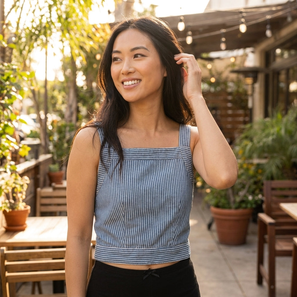 Smiling woman outdoors in a sunny patio setting.