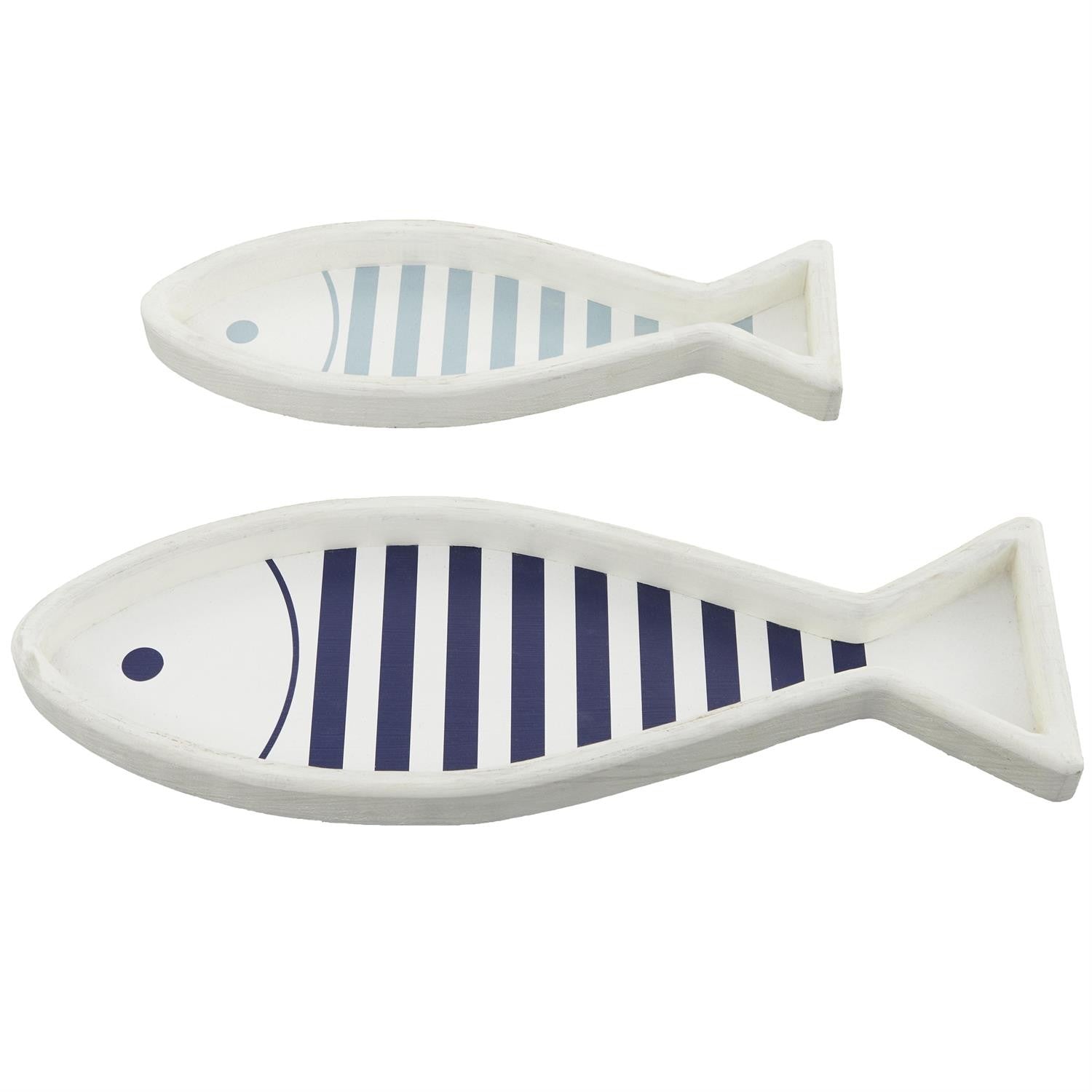 Two fish-shaped trays with blue stripes.