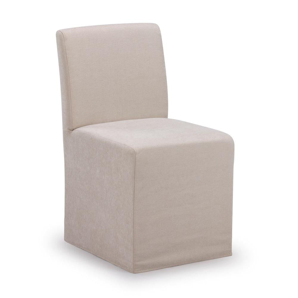Beige fabric-covered chair with a sleek, modern design.
