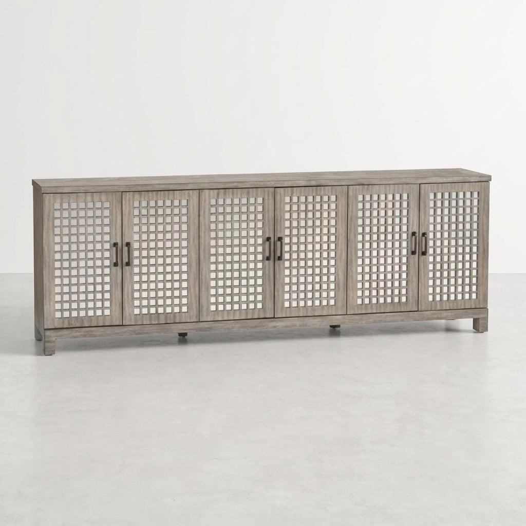 Wooden sideboard with lattice-patterned doors and black handles.