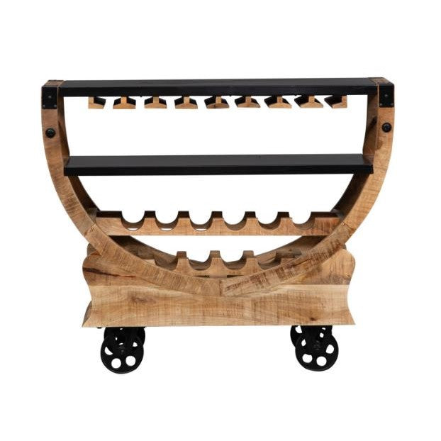 Wooden bar cart with bottle and glass holders on wheels.