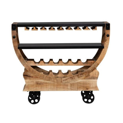 Wooden bar cart with bottle and glass holders on wheels.